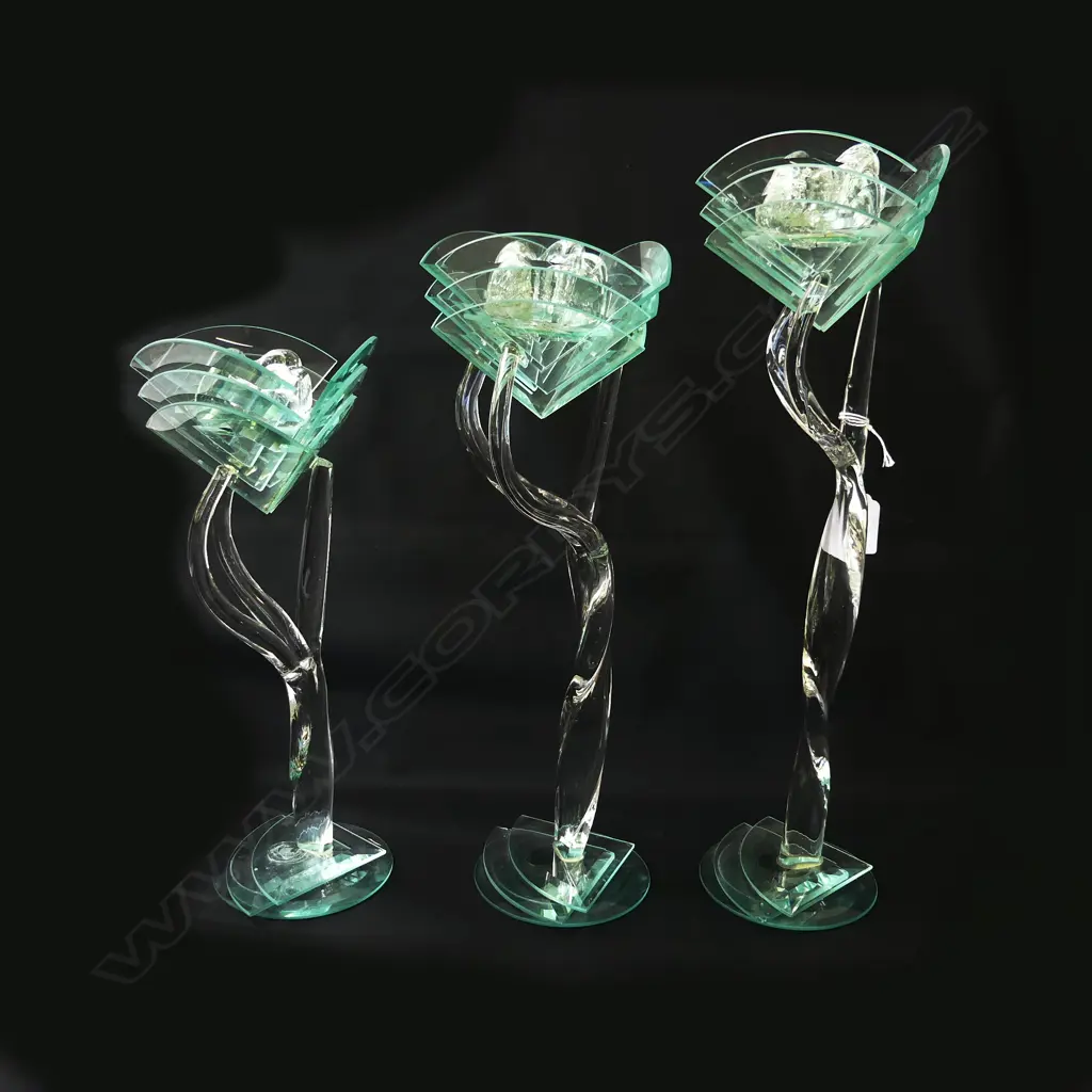 3 ITALIAN VENETION GLASS CANDLESTICKS C1980 TALLEST H 400 MM MINOR CHIP Image 1++