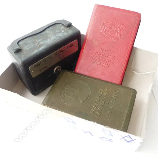 THREE VINTAGE POST OFFICE SAVINGS BANK MONEY BOXES IN RED AND GREEN & ONE METAL - NUMBERED w HANDLE