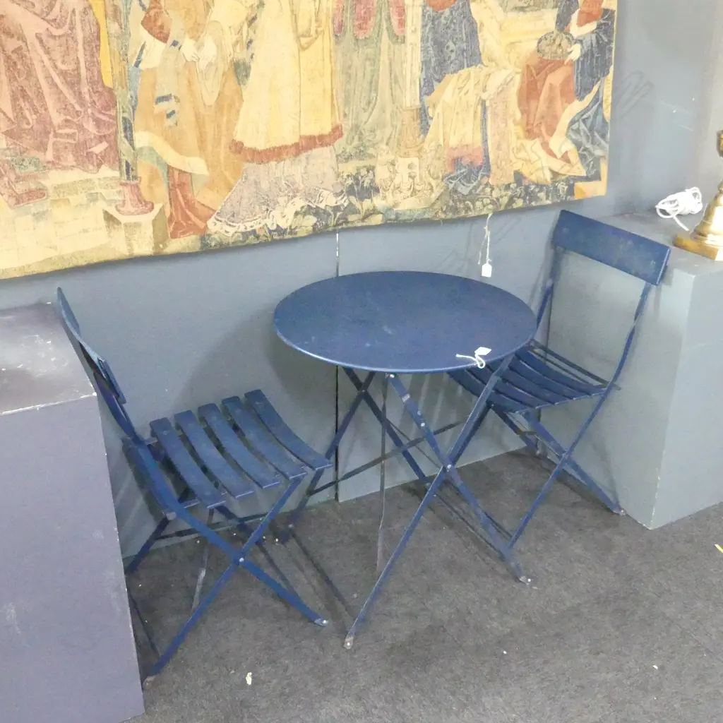 BLUE METAL PATIO SET; TABLE 600mm dia & 2 FOLDING CHAIRS Image 1++