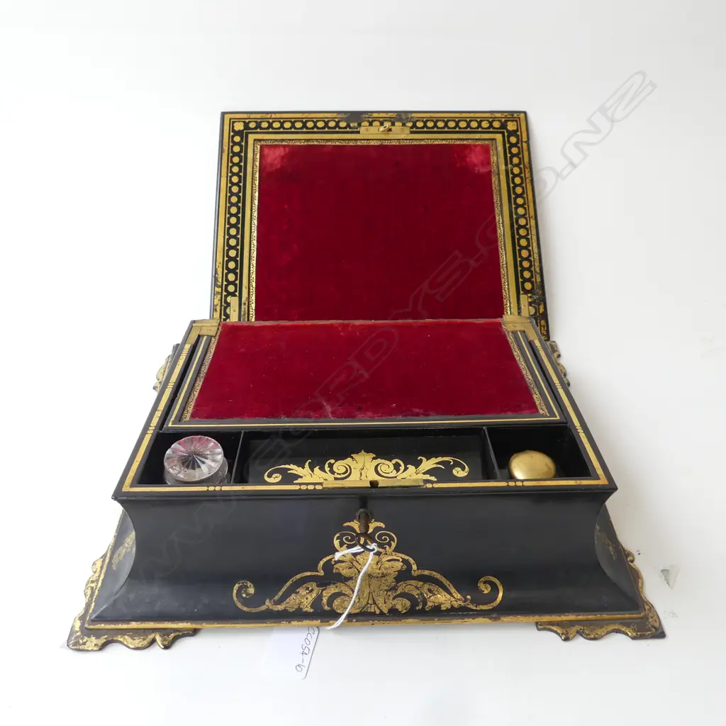BEJEWELLED 1840's WOOD & PAPERMACHE WRITING SLOPE, GLASS TOP, JENNENS & BETTRIDGE (aged condition w broken hinges) Image 1++