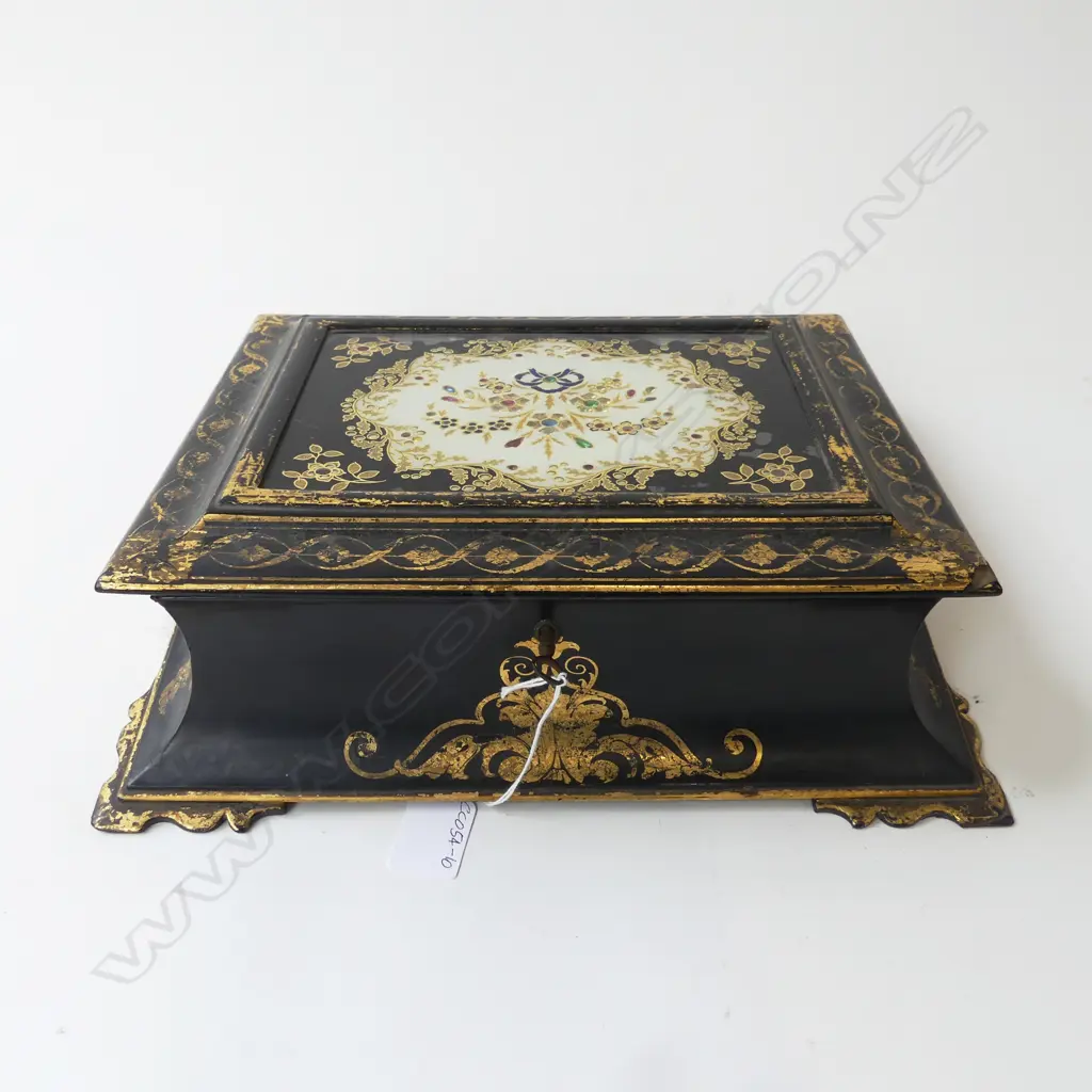 BEJEWELLED 1840's WOOD & PAPERMACHE WRITING SLOPE, GLASS TOP, JENNENS & BETTRIDGE (aged condition w broken hinges) Image 1++