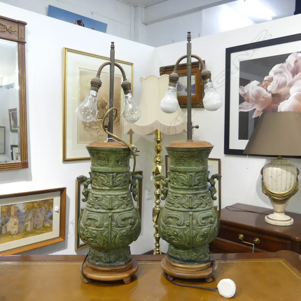 PR LARGE CHINESE ARCHAIC STYLE BRONZE HEAVY LAMP BASES with brass adjustable fittings. No shades. H.420mm to top of vase Image 1++