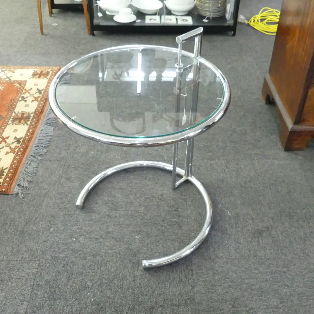 EILEEN GRAY E 1027 STYLE CHROME & GLASS SIDE TABLE 510mm dia Image 1++
