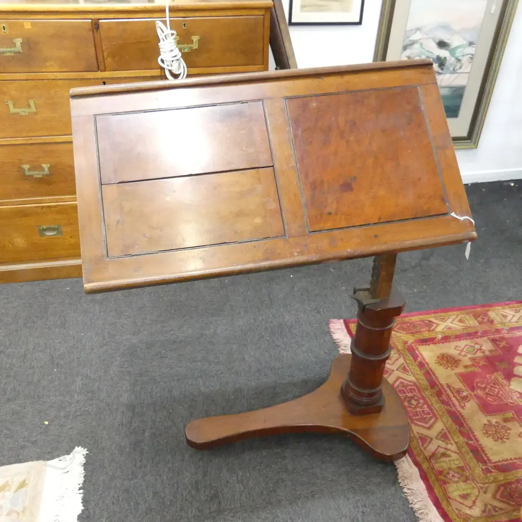 ANTIQUE MAHOGANY READING STAND, HARDWARE BY CARTER LONDON, OLD BORER TO STEM 810x435mm Image 1++