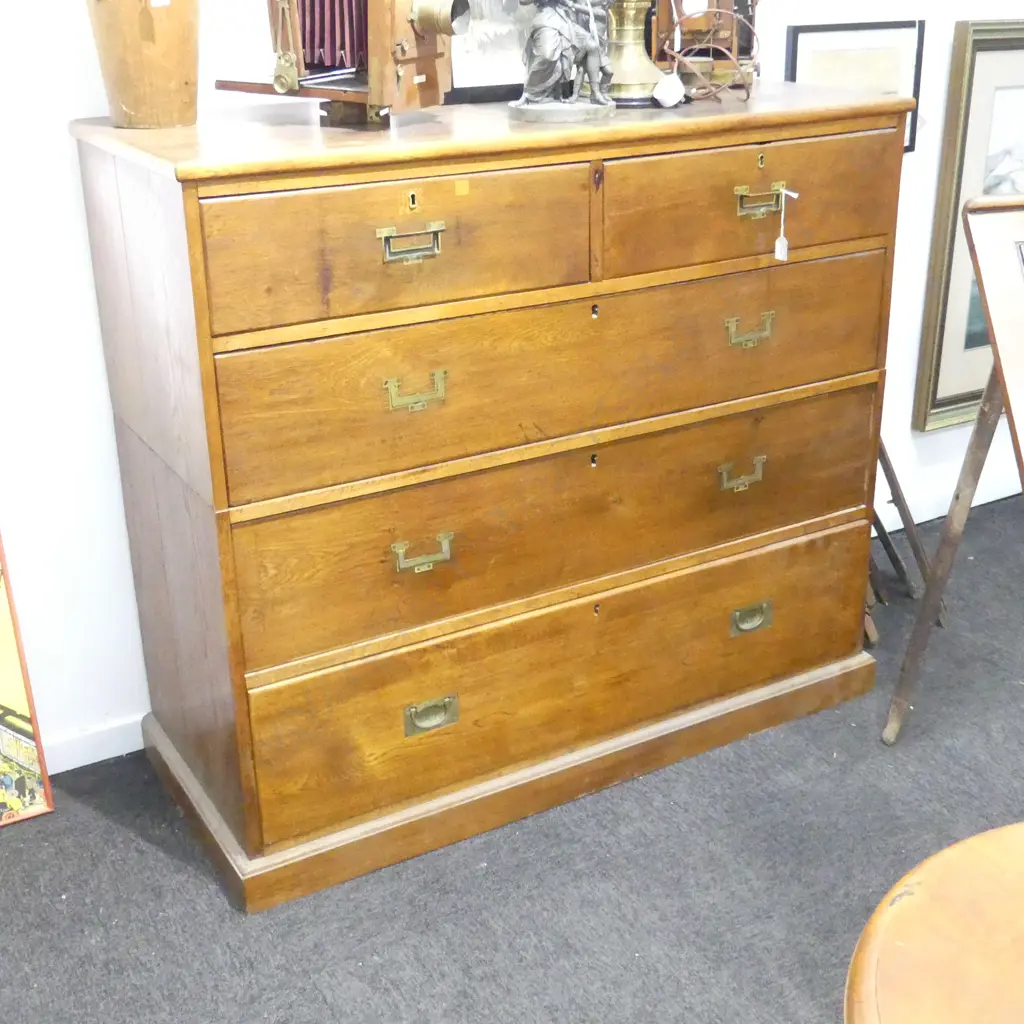 ANTIQUE OAK CAMPAIGN STYLE CHEST OF DRAWERS 1255x525x1100mm Image 1++