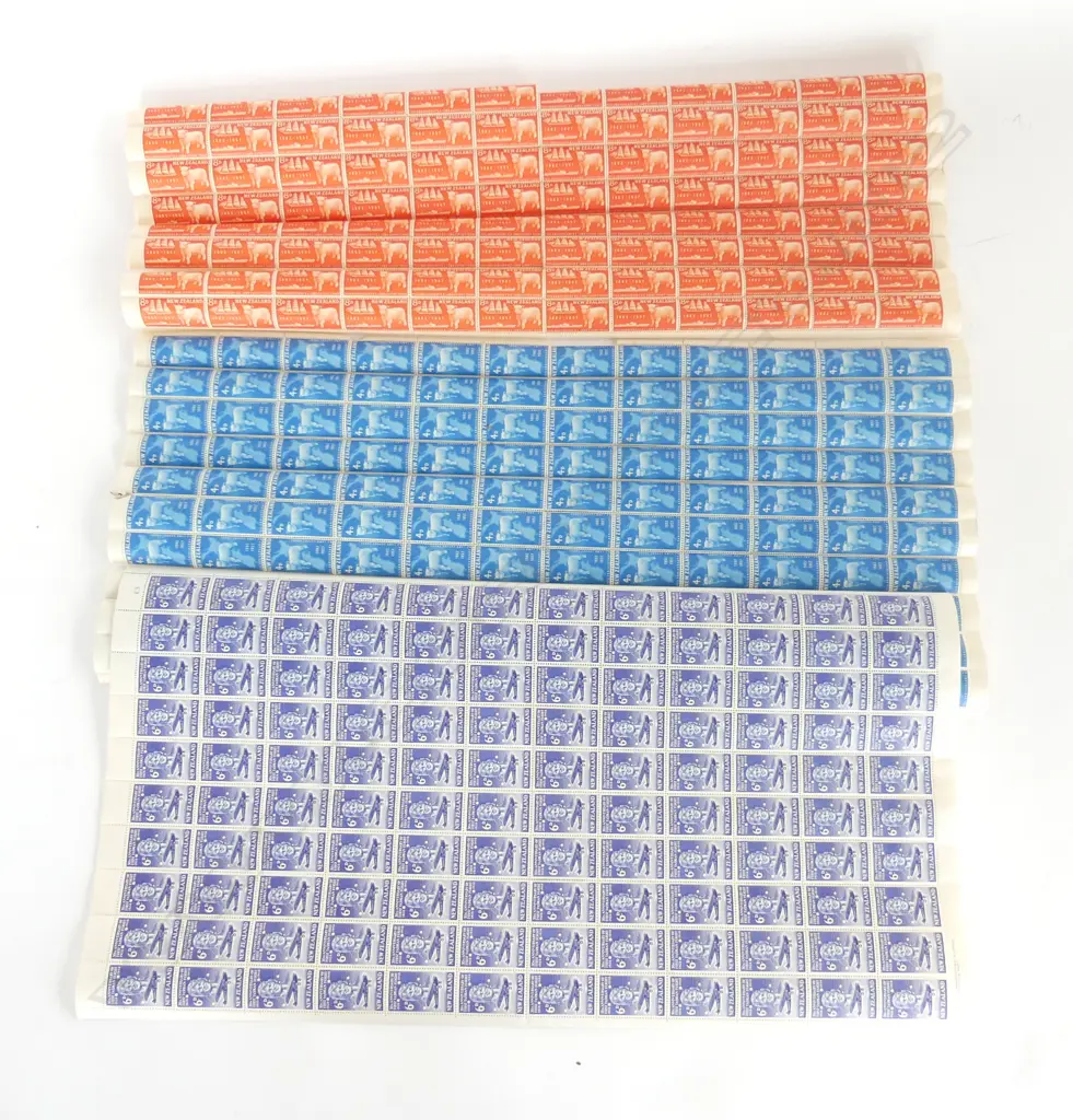 3 SHEETS OF NZ MINT STAMPS; 1957 4d BLUE & 8d RED 75th ANNIV. FROZEN MEAT + 6d 1958 TASMAN SEA CROSSING ANNIV. Image 1++