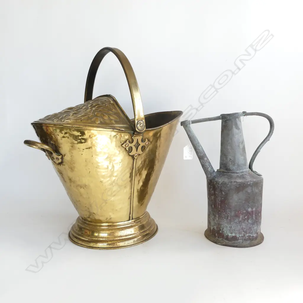 OLD BRASS HELMET SCUTTLE, REPOUSSE DETAIL  plus OLD MIDDLE EATERN JUG Image 1++