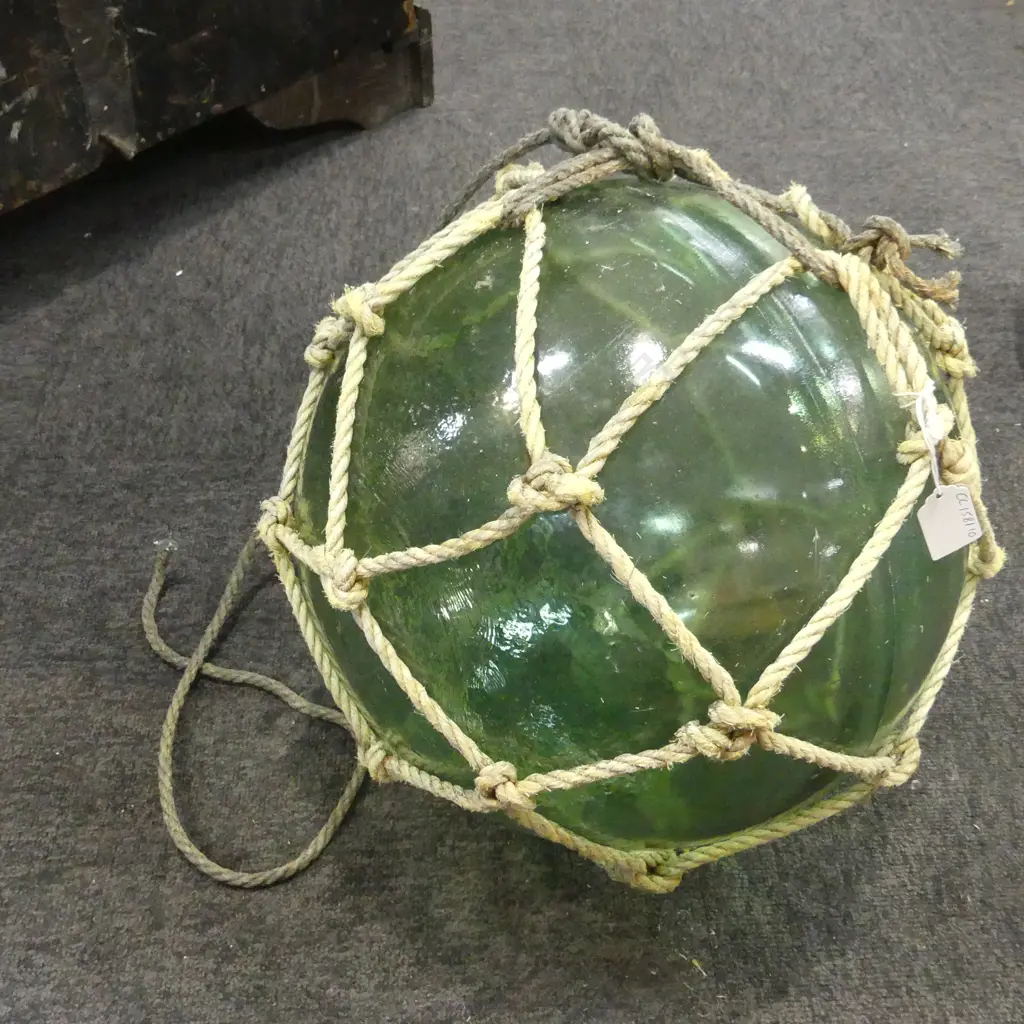 OLD GLASS FISHING FLOAT w. NETTING APPROX 370mm DIA. Image 1++