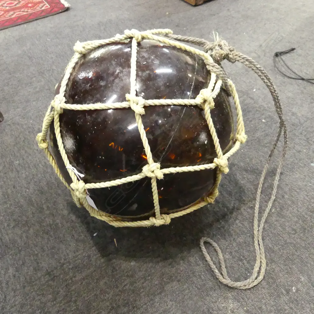 OLD GLASS FISHING FLOAT w. NETTING APPROX 370mm DIA. Image 1++
