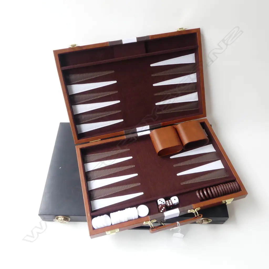TWO BACKGAMMON SETS L.380MM-450MM NB: BLACK SET 2 CHECKERS ABSENT Image 1++