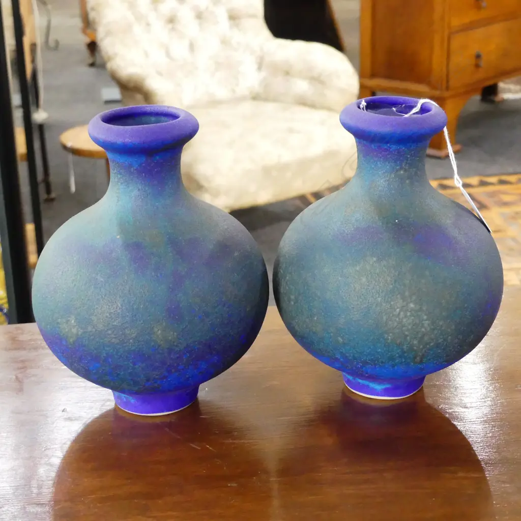 TWO BLUE NZ POTTERY VASES c1990, UNSIGNED, (Danny Moorwood?) Image 1++