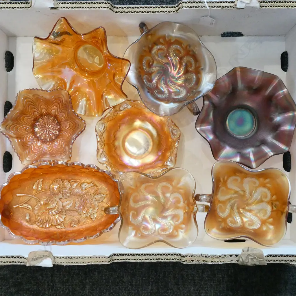  EIGHT CARNIVAL GLASS BOWLS VARIOUS PATTERNS Image 1++