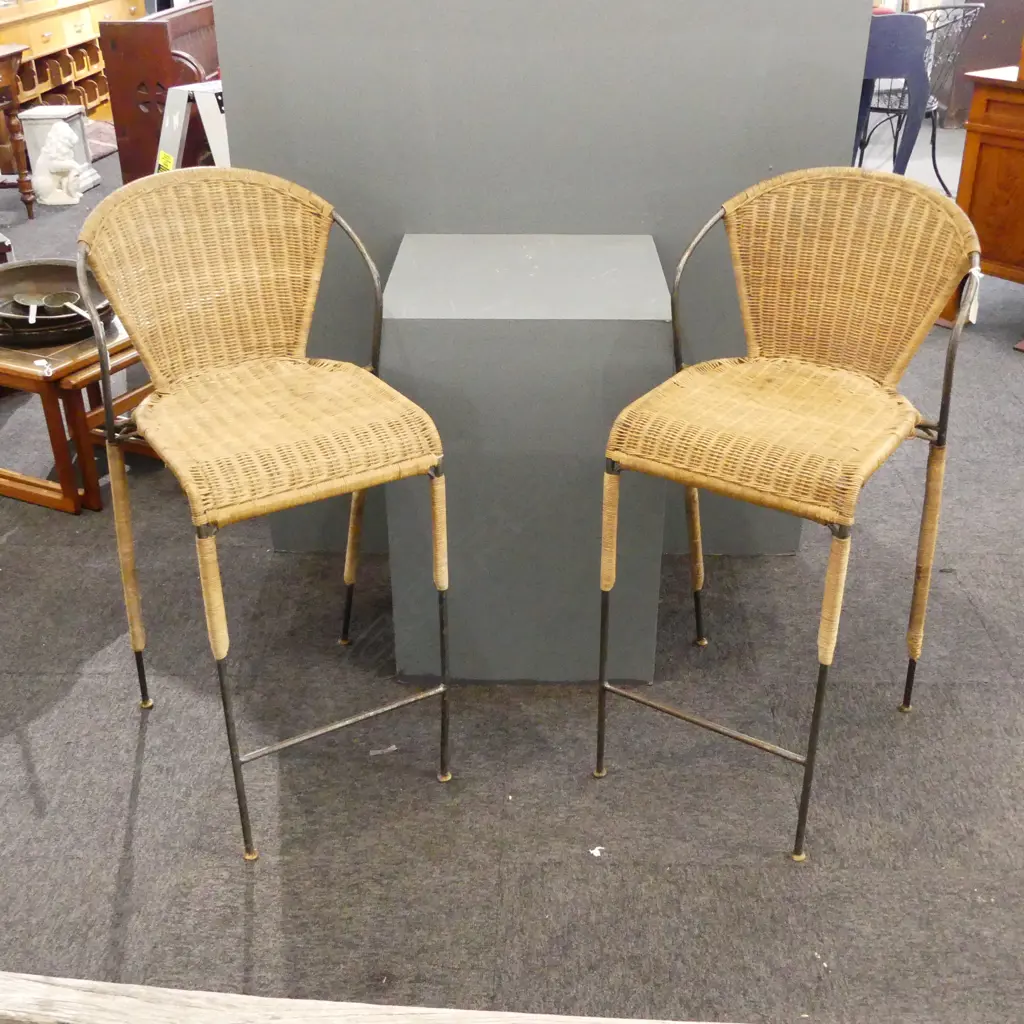 PR WROUGHT IRON & RATTAN CANE HIGH STOOLS Image 1++