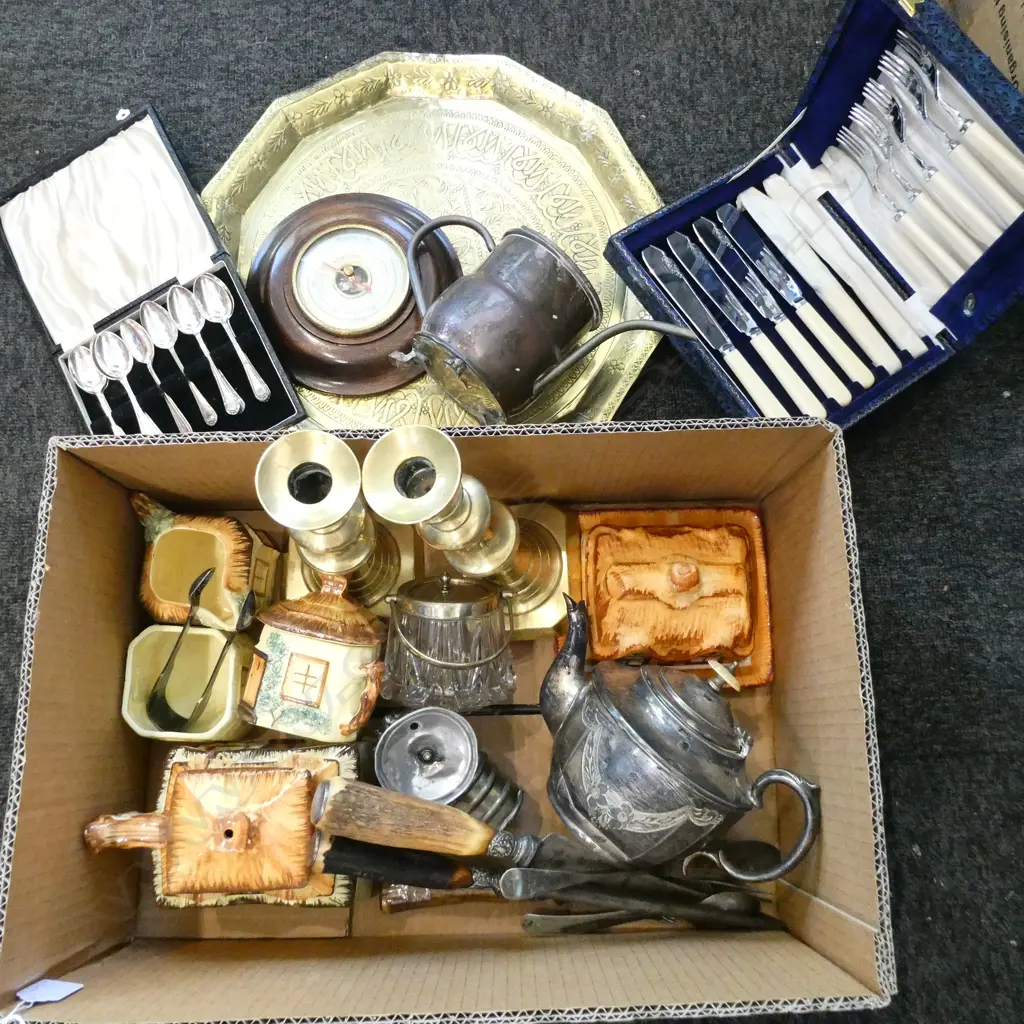 MIDDLE EASTERN BRASS TRAY, PR CANDLESTICKS, TEA SET ETC Image 1++