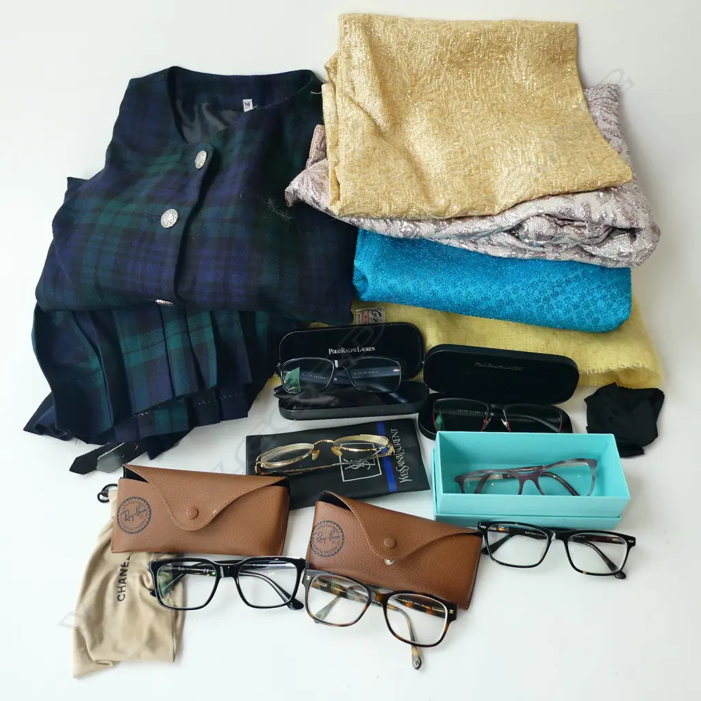 1960s METALLIC DRESSES, YELLOW MOHAIR BLANKET, BLACK WATCH TARTAN KILT & JACKET, DESIGNER PRESCRIPTION GLASSES Image 1++