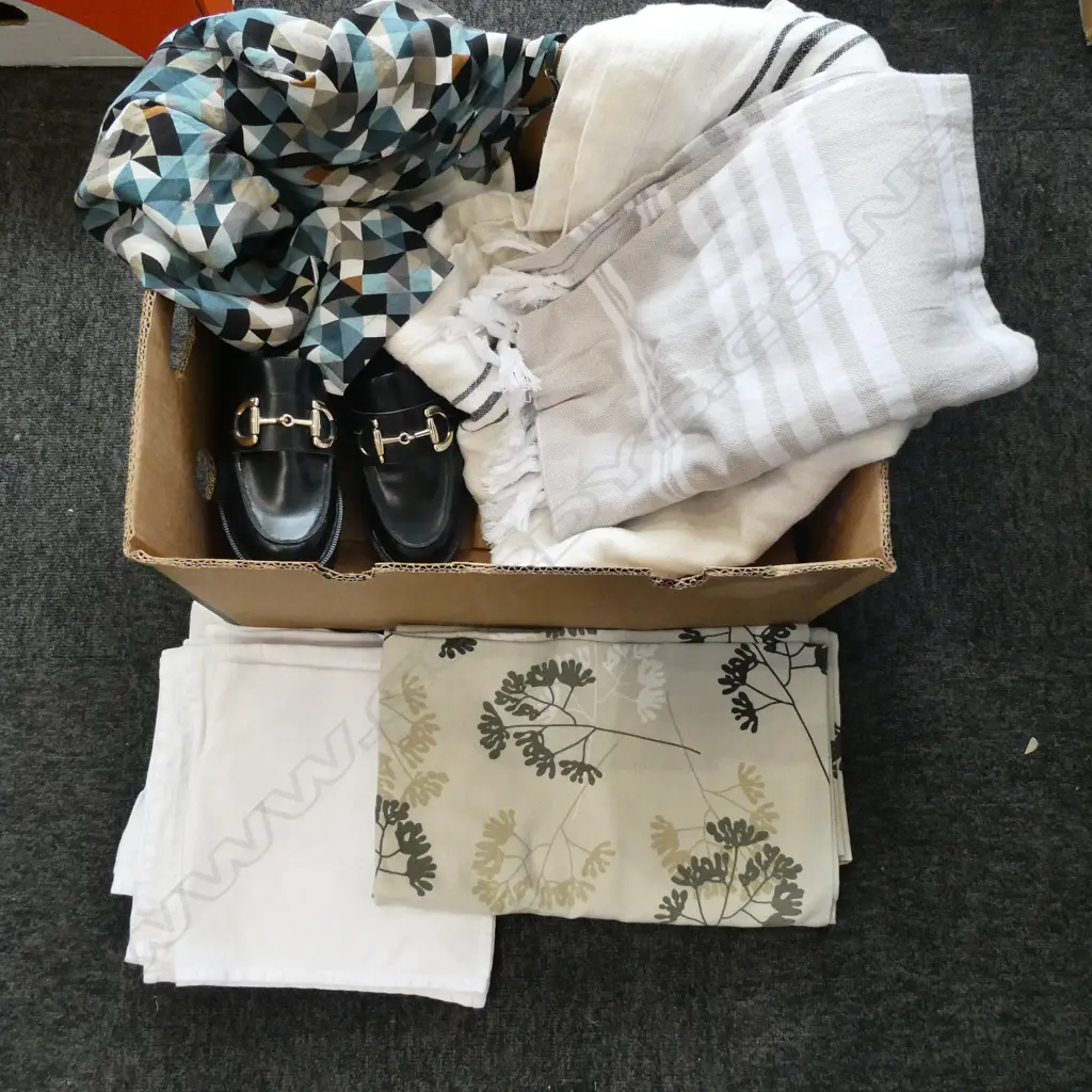 BOX LOT OF ASSORTED LINEN, JULIETTE HOGAN SILK DRESS SIZE 8,  A PAIR OF LOAFERS SIZE 40 WOMENS, ETC. Image 1++