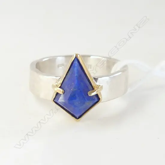 18CT GOLD AND STERLING SILVER KITE LAPIS LAZULI RING HAND MADE BY HELEN ELIZABETH JEWELLERY SIZE O 1/2