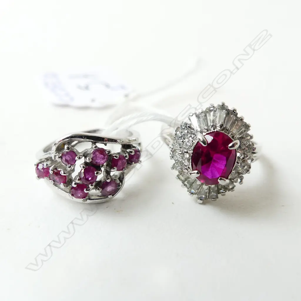 2 SILVER DRESS RINGS: 1 W RUBIES other red & white stones 1 missing SIZE L & O Image 1++