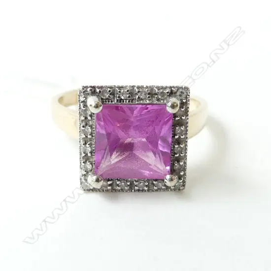 9ct DIAMOND & SYN PINK STONE RING  4.1gm SIZE O 1/2