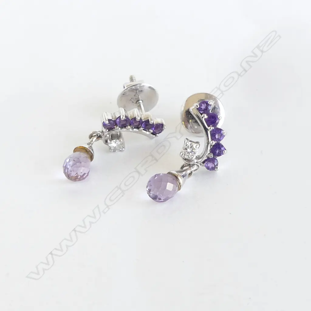PR 18ct WG DIAMOND & AMETHYST EARRINGS, 3.8gms Image 1++
