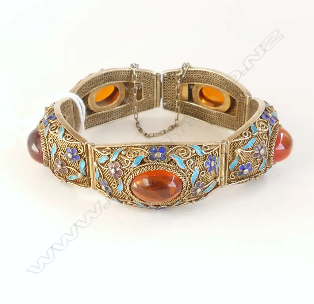 VINTAGE CHINESE EXPORT, SILVER, FILIGREE, ENAMEL & AMBER? BRACELET Image 1++