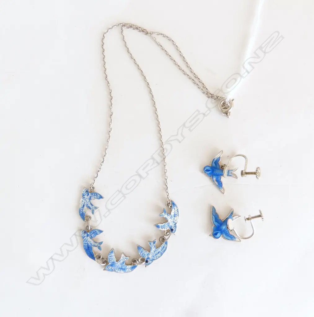 SILVER AND ENAMEL BLUE BIRD NECKLACE AND EARRINGS (ENAMEL WORN ON NECKLACE) Image 1++