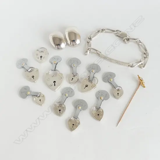 10 STG SILVER HEART CLASPS + PR EARRINGS & BRACELET 34gms + 15CT GOLD STICK PIN, 1grm
