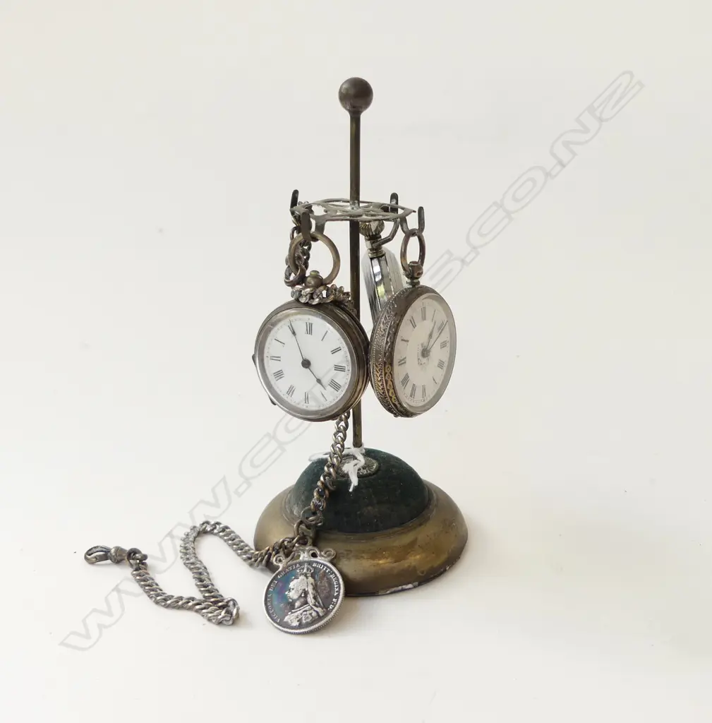 3 POCKET WATCHES (PLATE, 800 SILVER w. CHAIN, STG) ON EP HOLDER Image 1++