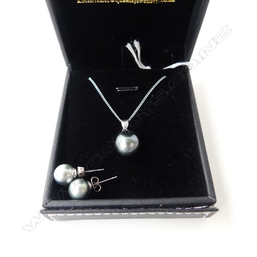 PR BLACK PEARL EARRINGS & STG PENDANT NECKLACE Image 1++