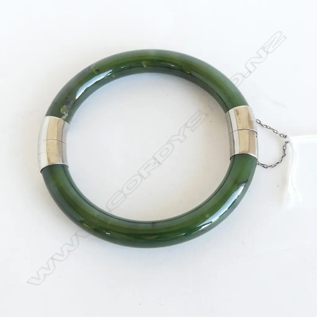JADE & STG SILVER BANGLE, 60mm int. dia. Image 1++