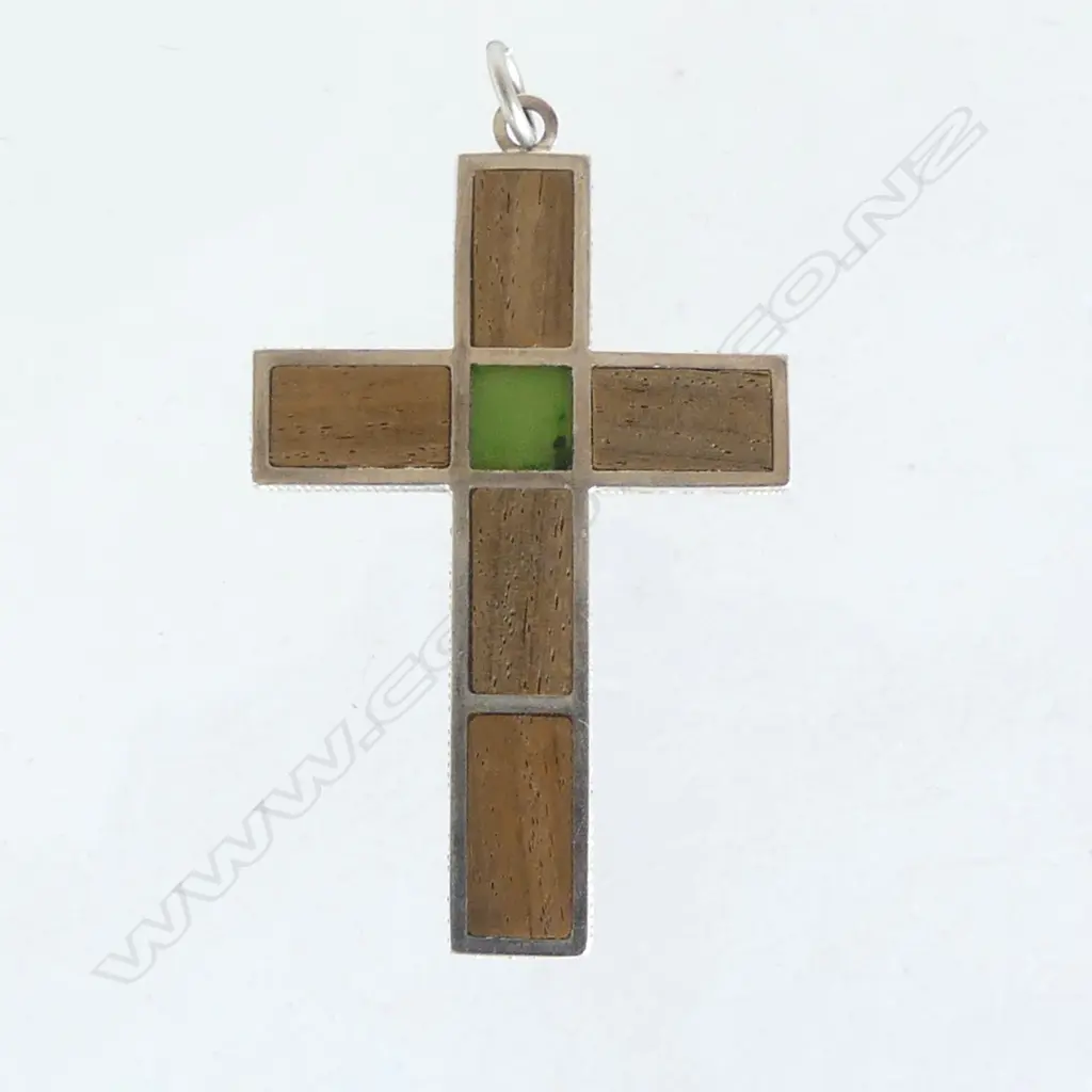 SILVER & LIGNUM VITAE & POUNAMU PANEL CROSS PENDANT by Russell Murphy NZ Image 1++