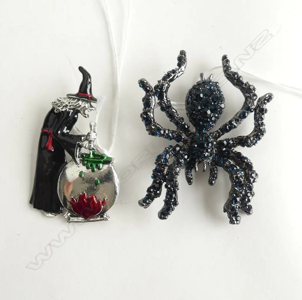 2 NEW MODERN COSTUME BROOCHES; BLACK WIDOW SPIDER & WITCH Image 1++