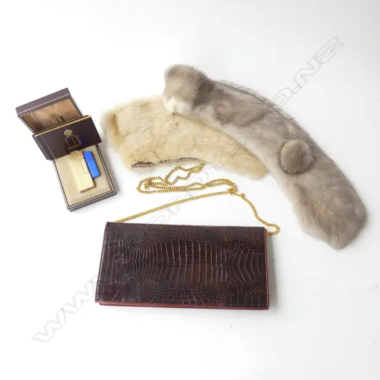 2 MINK FUR COLLARS, CROC PURSE W.230mm, DUNHILL LIGHTER, CASED