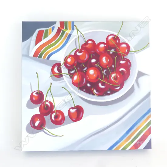 BEVERLEY FROST 'CHERRIES & STRIPES' ACRYLIC ON CANVAS, 2012 400x400mm
