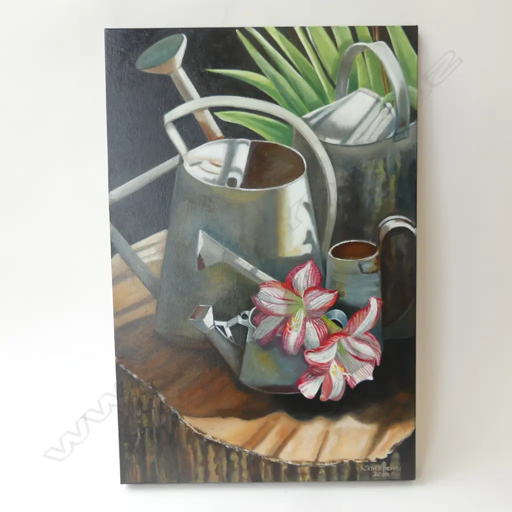 K. THICKPENNY, STILL LIFE w. WATERING CANS, OIL ON CANVAS, 2019 760x510mm Image 1++