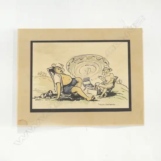 HILDA WISEMAN INK & W/C COMICAL PICNICING COUPLE SKETCH signed 185 x 265mm unframed