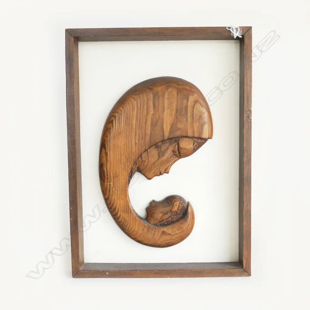 RETRO CARVED WOOD MADONNA & CHILD  FRAMED BY H E PENZER  BRITISH COLUMBIA H450 W330MM Image 1++