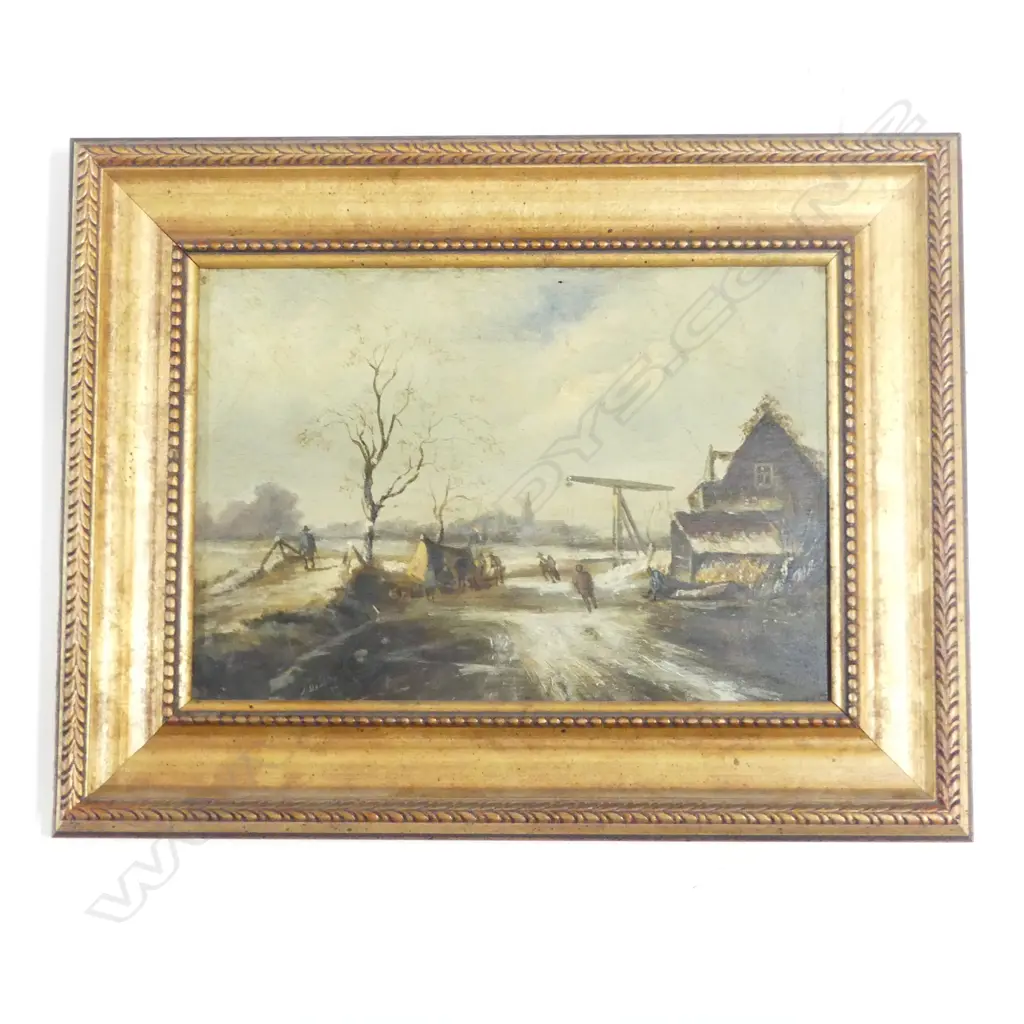J DESTHE, VILLAGE IN WINTER, OIL ON PANEL, SIGNED/DATED 1874, 210 x 290mm Image 1++