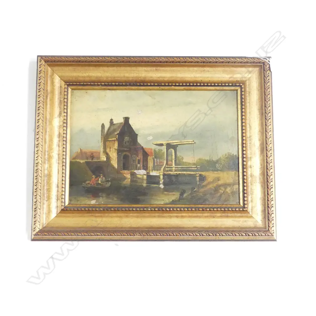 J DESTHE, CANAL BUILDINGS, OIL ON PANEL, SIGNED, 210x 290mm (sm surface damage) Image 1++