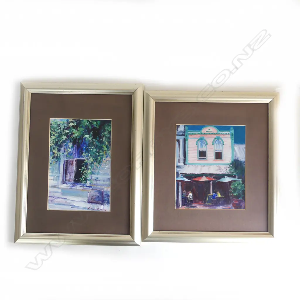 2 ROBYN BARCLAY ARTWORKS, COLONIAL BUILDING w. CAFE / WINDOW, ACRYLIC ON BOARD, 230x190mm Image 1++