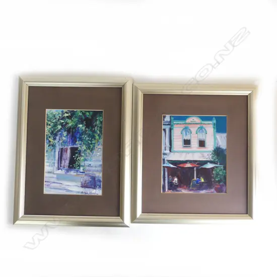 2 ROBYN BARCLAY ARTWORKS, COLONIAL BUILDING w. CAFE / WINDOW, ACRYLIC ON BOARD, 230x190mm