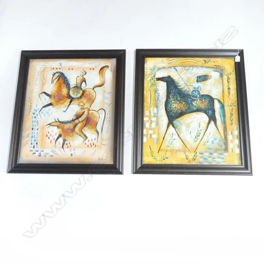 PR 'MID CENTURY LOOK' ACRYLICS ON BOARD, WOMAN WARRIOR & SOLDIERS ON HORSEBACK, 600 x 480mm Image 1++