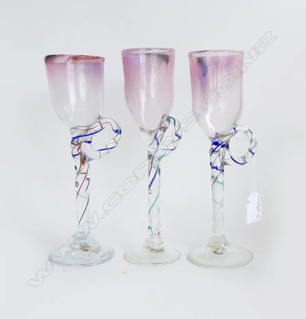 PETER VIESNIC 1986 SET OF 3 ART GLASS STEMMED GOBLETS H.240mm each signed & dated Image 1++