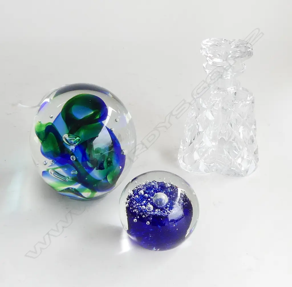 TWO GLASS PAPERWEIGHTS & CRYSTAL VANITY BOTTLE Image 1++