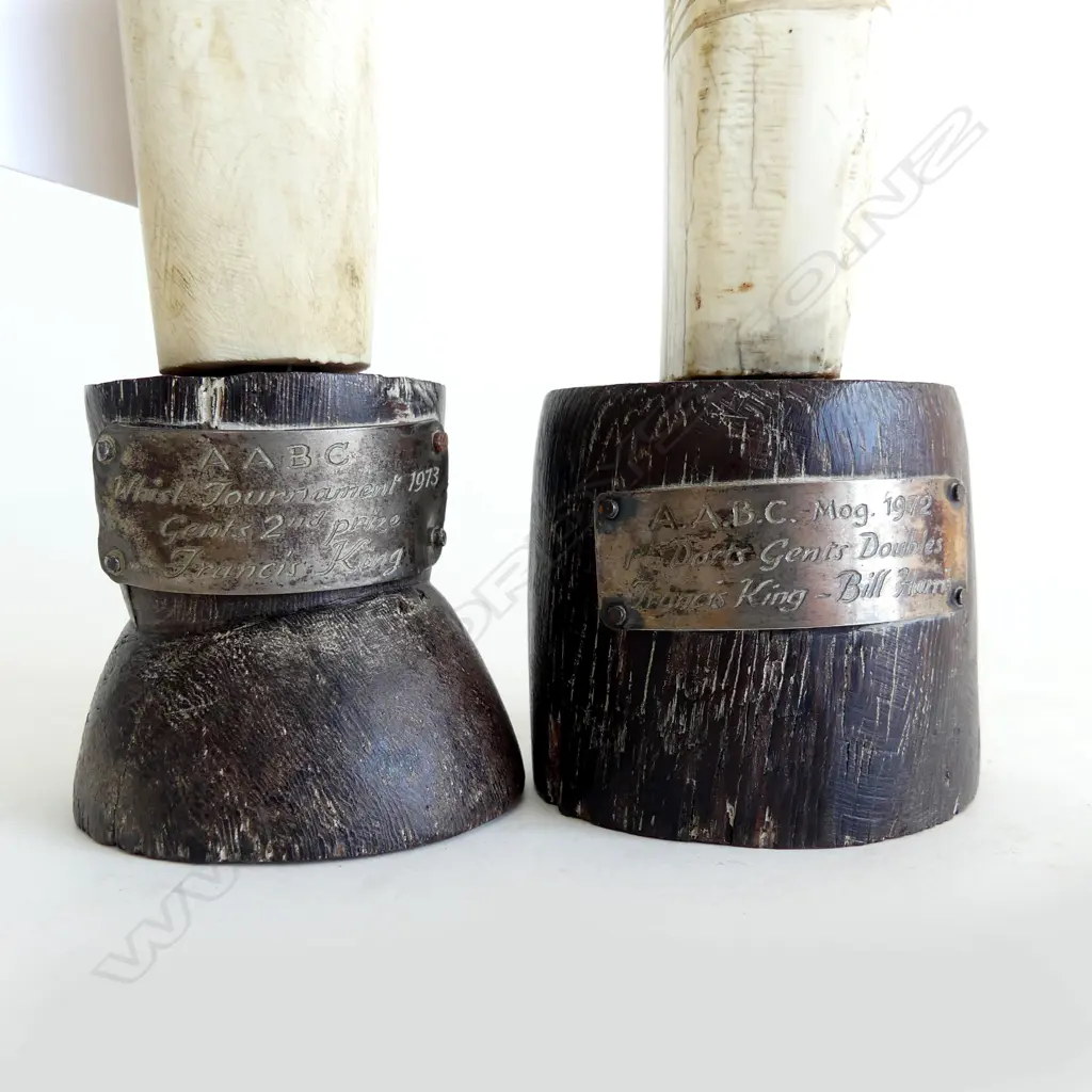 PR OF AFRICAN CARVED IVORY WARTHOG TUSKS ON WOOD STAND H200MM Image 1++
