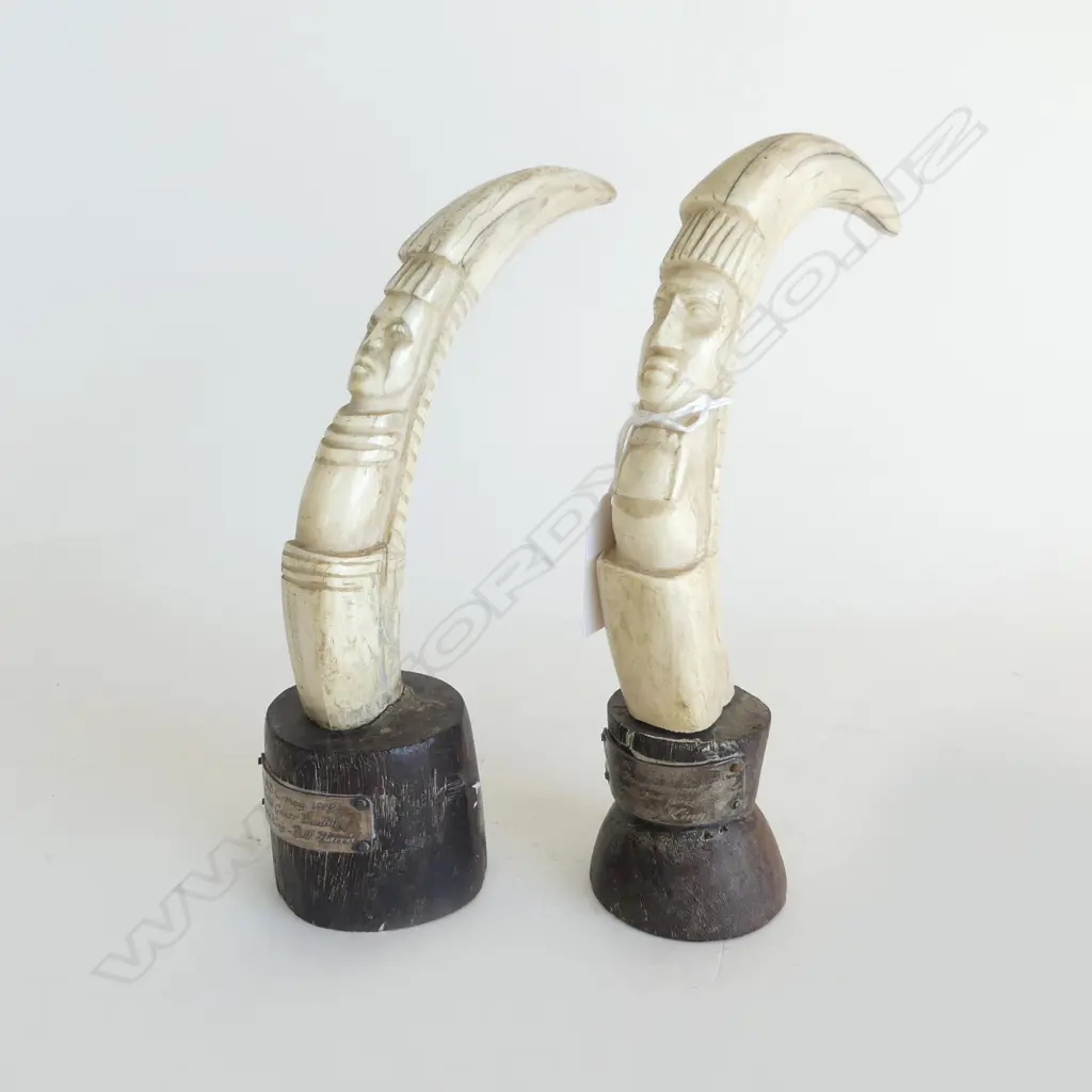 PR OF AFRICAN CARVED IVORY WARTHOG TUSKS ON WOOD STAND H200MM Image 1++