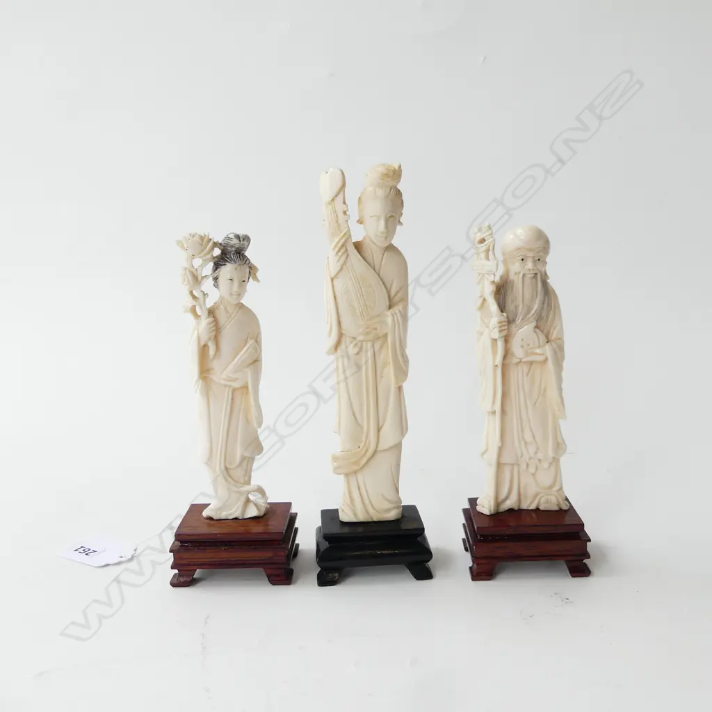 3 ORIENTAL CARVED IVORY FIGURES H.180mm Image 1++