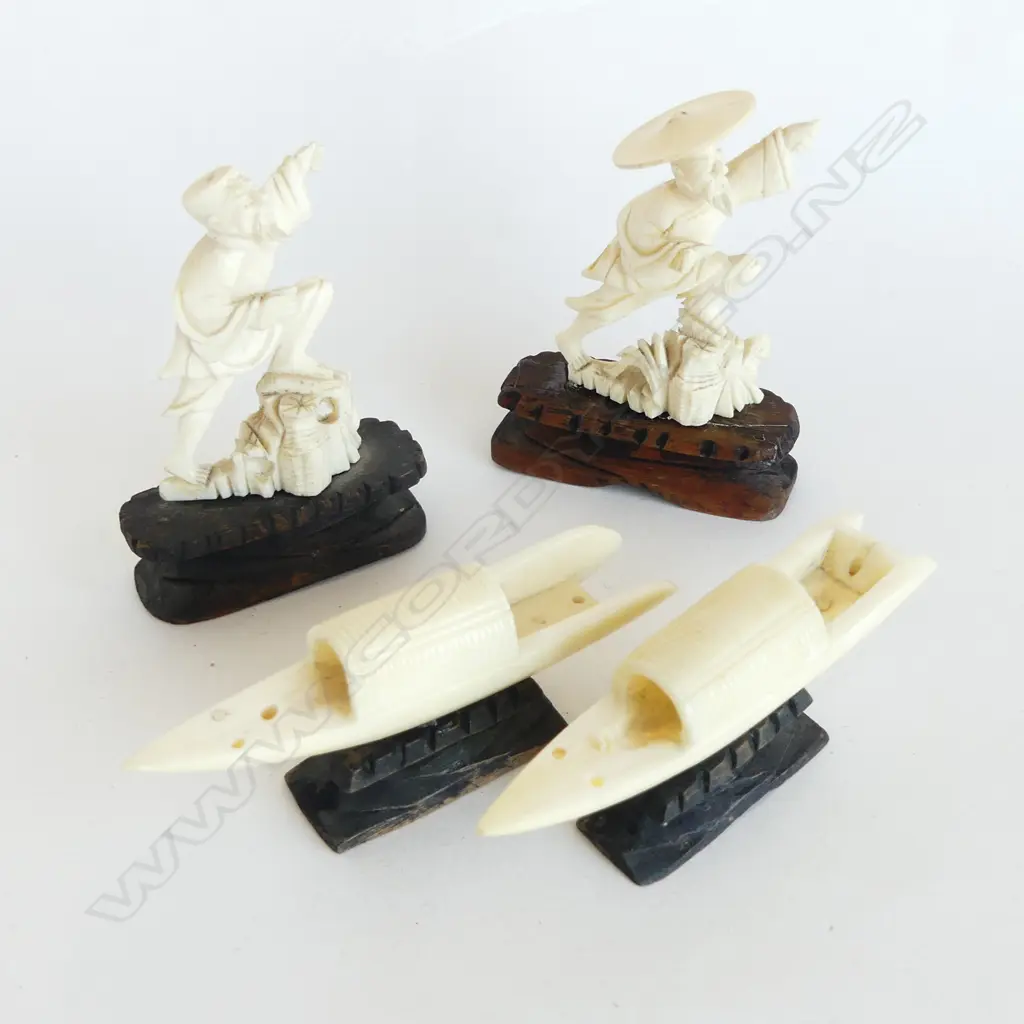 4 SMALL IVORY CARVINGS: 2 ELEPHANT FISHERMAN no rods 1 hat missing + 2 marine ivory boats no fittings Image 1++