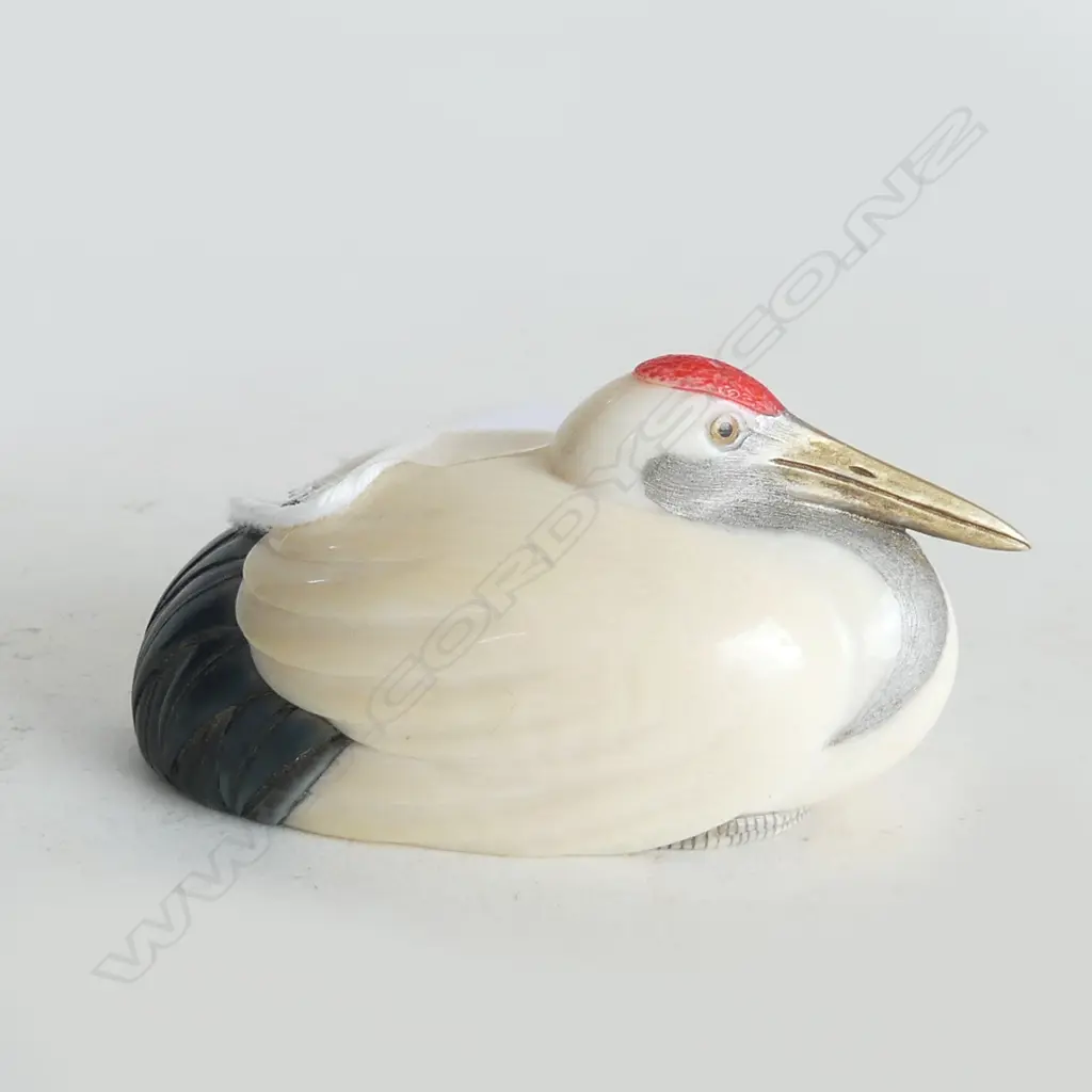 JAPANESE CARVED IVORY NETSUKE  seated CRANE BIRD stained coloured highlights Signed Image 1++