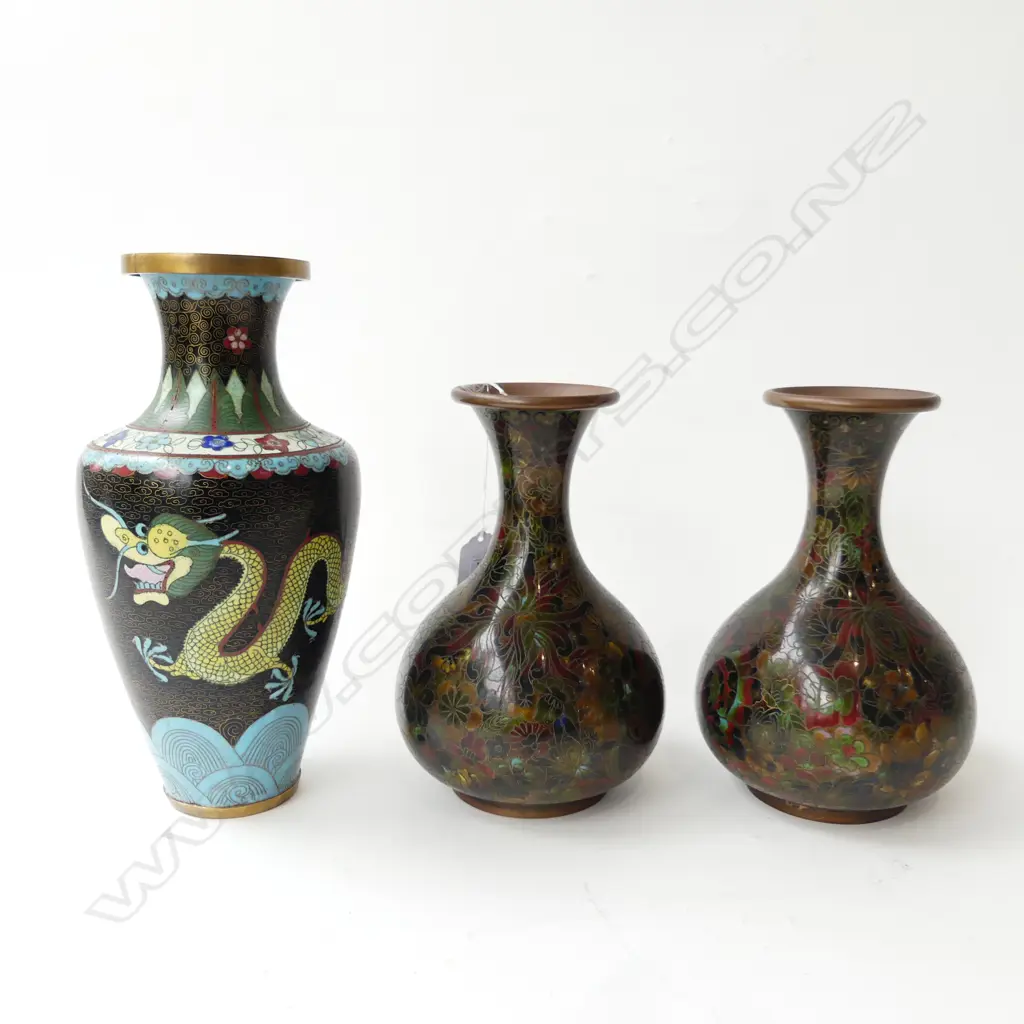 PR BROWN FLORAL CLOISONNE VASES H.200mm + ANOTHER w. DRAGON H.265mm (dent) Image 1++